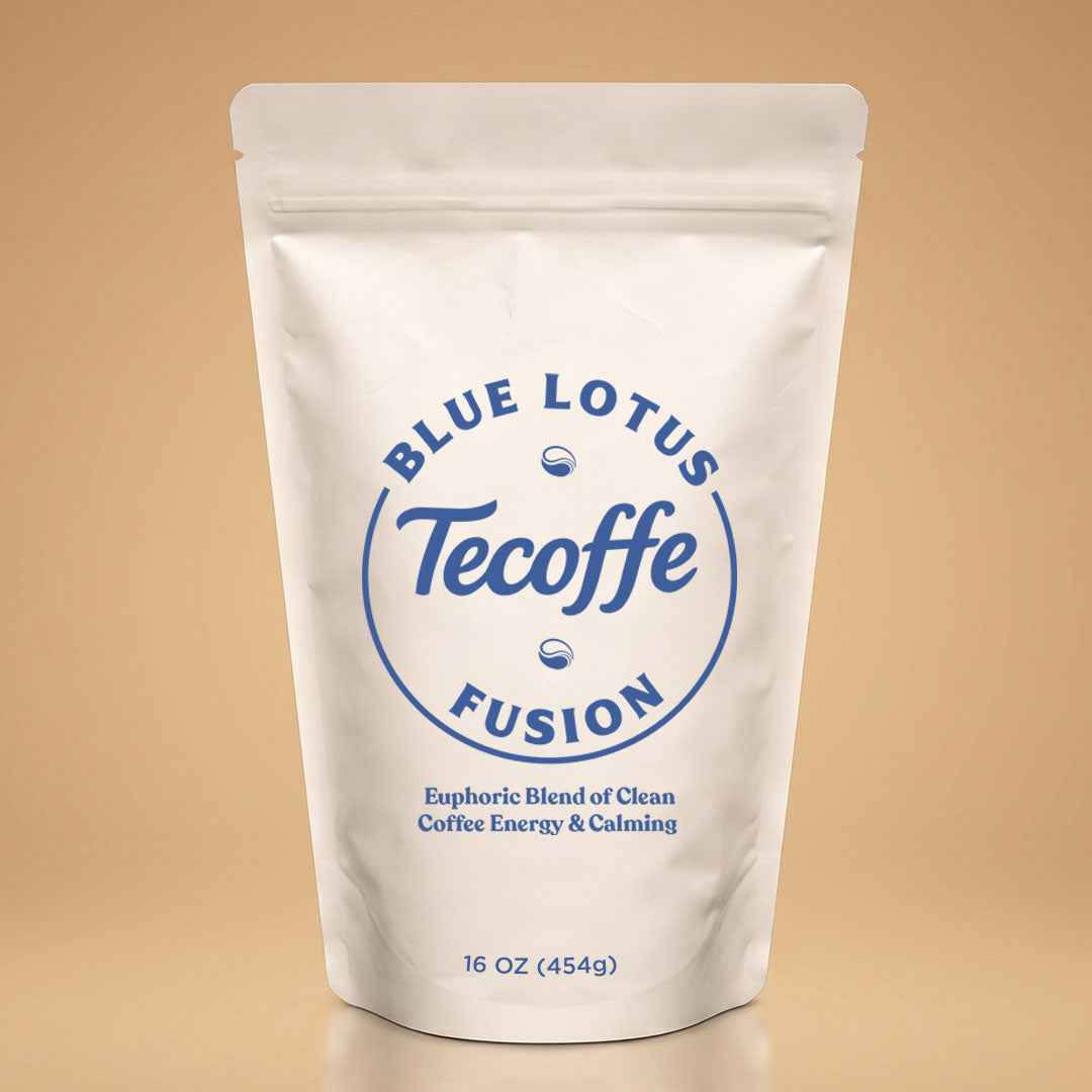 Tecoffe Fusion Blue Lotus Blend a Euphoric blend of clean coffee energy & Calming. made with premium roasted coffee, coconut oil and Blue Lotus whole flower powder. Available in a medium roast french press grind or a dark roast espresso grind