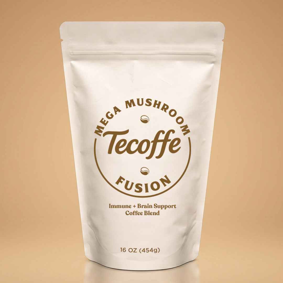 Tecoffe Fusion Mega Mushroom blend which supports Immune and brain finctions. made with premium roasted coffee, coconut oil and super blend powder of 10 different mushrooms; LION’S MANE, CHAGA, REISHI, TURKEY TAIL, CORDYCEPS, WOOD EAR MUSHROOM, OYSTER MUSHROOM, SHIITAKE, MAITAKE, MESIMA. Available in a medium roast french press grind or a dark roast espresso grind