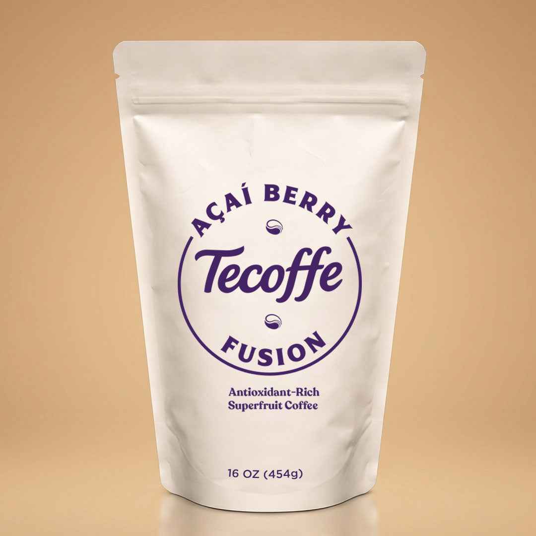 Tecoffe Fusion Acai Berry blend whih is an antioxidant-rich superfruit coffee. made with premium roasted coffee, coconut oil and Wild harvested Acai Berry powder. Available in a medium roast french press grind or a dark roast espresso grind