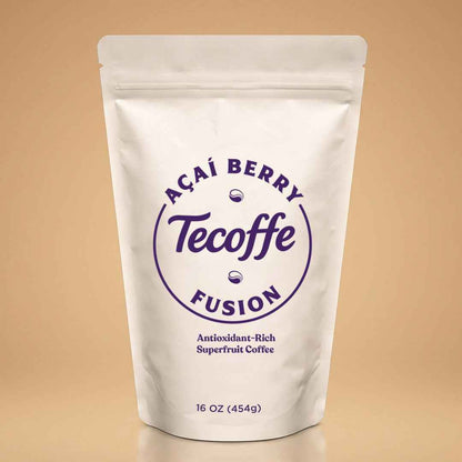 Tecoffe Fusion Acai Berry blend whih is an antioxidant-rich superfruit coffee. made with premium roasted coffee, coconut oil and Wild harvested Acai Berry powder. Available in a medium roast french press grind or a dark roast espresso grind