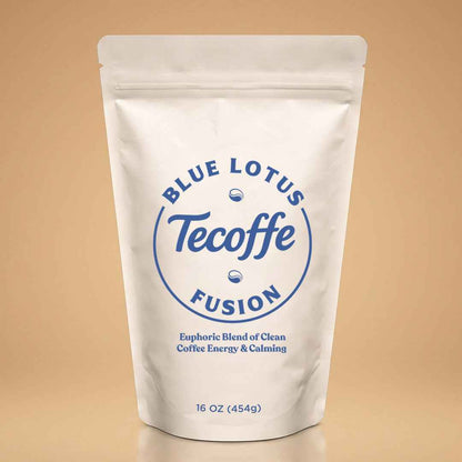 Tecoffe Fusion Blue Lotus Blend a Euphoric blend of clean coffee energy &amp; Calming. made with premium roasted coffee, coconut oil and Blue Lotus whole flower powder. Available in a medium roast french press grind or a dark roast espresso grind
