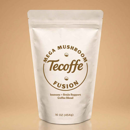 Tecoffe Fusion Mega Mushroom blend which supports Immune and brain finctions.  made with premium roasted coffee, coconut oil and super blend powder of 10 different mushrooms; LION’S MANE, CHAGA, REISHI, TURKEY TAIL, CORDYCEPS, WOOD EAR MUSHROOM, OYSTER MUSHROOM, SHIITAKE, MAITAKE, MESIMA. Available in a medium roast french press grind or a dark roast espresso grind