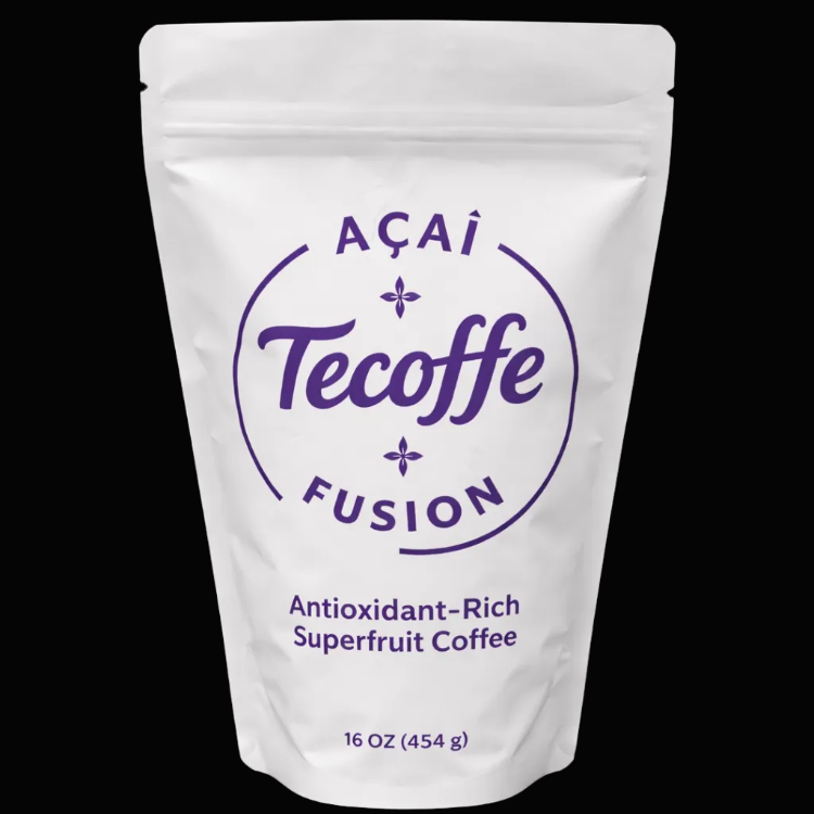 Tecoffe Fusion Acai berry coffee packaging with purple text on a white background