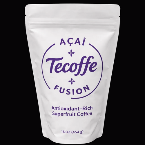 Tecoffe Fusion Acai berry coffee packaging with purple text on a white background