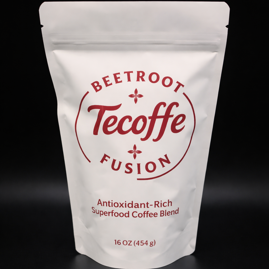 Tecoffe Fusion Beetroot coffee packaging with red text on a white background