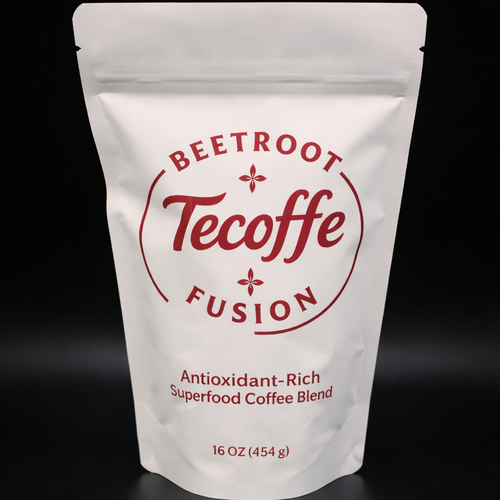 Tecoffe Fusion Beetroot coffee packaging with red text on a white background