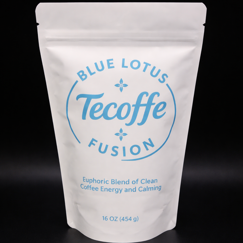 Tecoffe Fusion Blue Lotus packaging with dark background