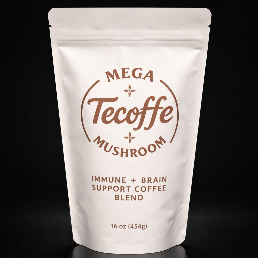 Tecoffe Fusion Mega Mushroom packaging with brown text on a white background