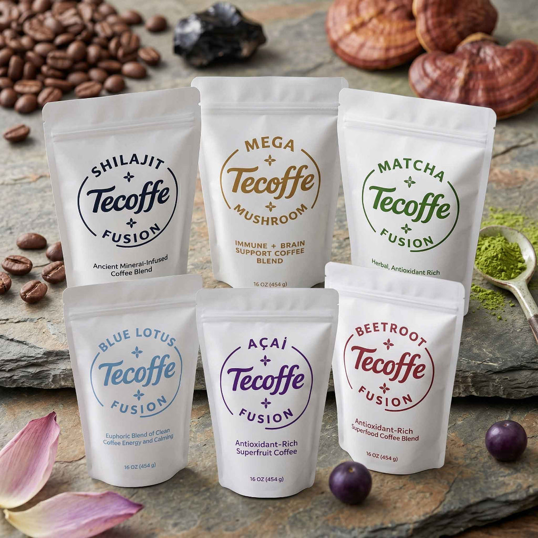 Assorted packages of Tecoffe Fusion coffee blends on a stone surface with natural ingredients.